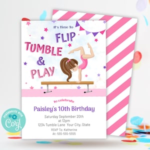 Girls Gymnastics Birthday Invitation Template, Tumble Birthday Invitation, Tumbling Gymnastics Party Birthday Invite, EDITABLE Template, GYM