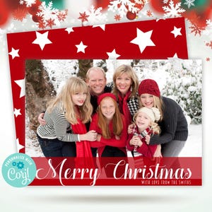 Red Merry Christmas Photo Greeting Cards EDITABLE Template, Modern Minimalist White Stars Festive Holiday Card, 5x7 Corjl Winter Printable