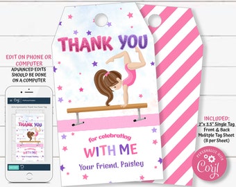 Girls Gymnastics Birthday Favor Tag Template, Flip Tumble & Play Birthday Party Thank You Favor Tags, EDITABLE Party Favor Birthday Tags GYM