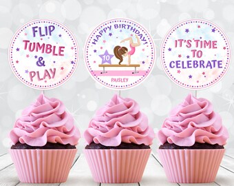 Girls Gymnastics Tumble Birthday Cupcake Toppers, Favor Tags & Gift Tags EDITABLE Template, Happy Birthday Party Printables Decorations, GYM