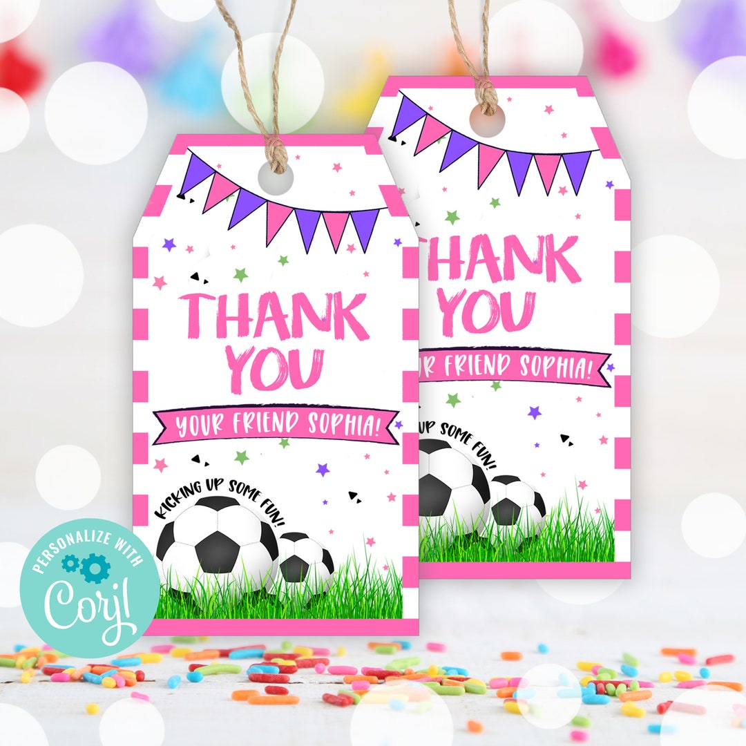 Girls Pink Soccer Birthday Thank You Tags Editable Template | Sports ...