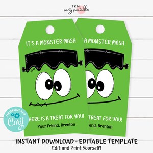 Halloween Party Favor Tags, Frankenstein Monster Mash Party Printables EDITABLE Template Bag Tags, Kids Party Favors Cookie Tags, TKM04 image 1