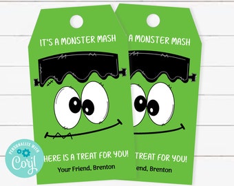 Halloween Party Favor Tags, Frankenstein Monster Mash Party Printables EDITABLE Template Bag Tags, Kids Party Favors Cookie Tags, TKM04