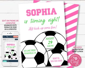 Soccer Birthday Invitation, Sports Birthday Girl Editable Invitation, Girls Soccer Team Party Printable Invitation, Corjl Invitation, TKM02