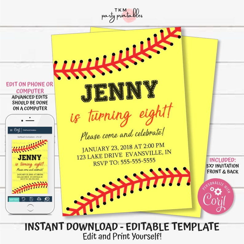 Softball Birthday Invitation Sports Invitation Printable - Etsy
