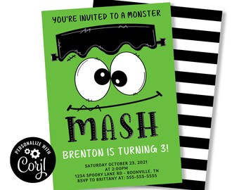 Halloween Birthday Invitation for Kids, Frankenstein Monster Mash Halloween Party Invite, PRINTABLE Birthday Party Invitation Template TKM04