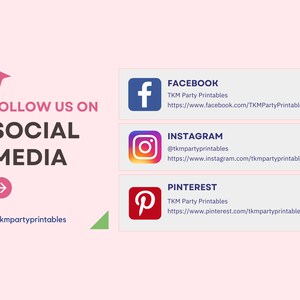Pink sign that say follow us on social media at tkm party printables on Facebook, Instagram and Pinterest