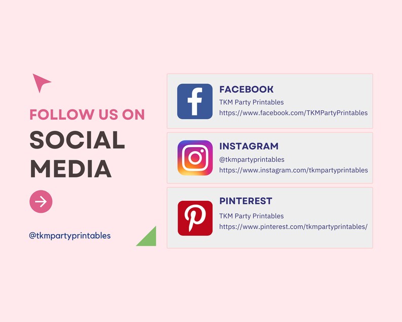 Pink sign that say follow us on social media at tkm party printables on Facebook, Instagram and Pinterest