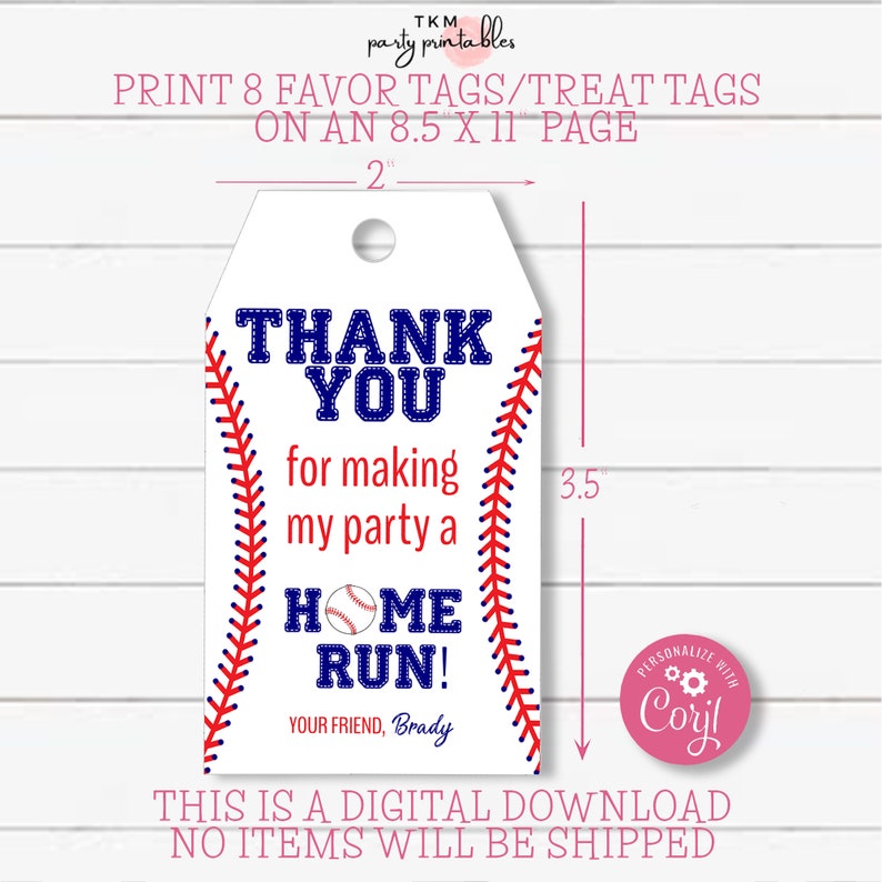 Baseball Party Tags, Baseball Birthday Tags, Baseball Birthday Party Favors, Editable Favor Tags, Treat Bag Tags, Favor Tag Template, TKM02 image 2