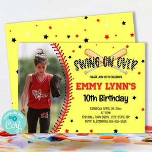 Softball Birthday Invitation Template, Girls Softball Photo Invite, Sports Invitation EDITABLE Template, Birthday Party Printables, TKM02