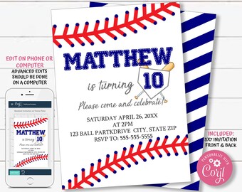 Baseball Invitation, Kids Baseball Birthday Invitation, First Birthday Party EDITABLE Invitation Template, Printable Invitations, TKM02