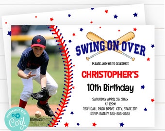 Boys Baseball Birthday Invitations Editable Template, 10th Birthday Baseball Team Party Sports Theme, Kids Birthday Party Corjl Invitations