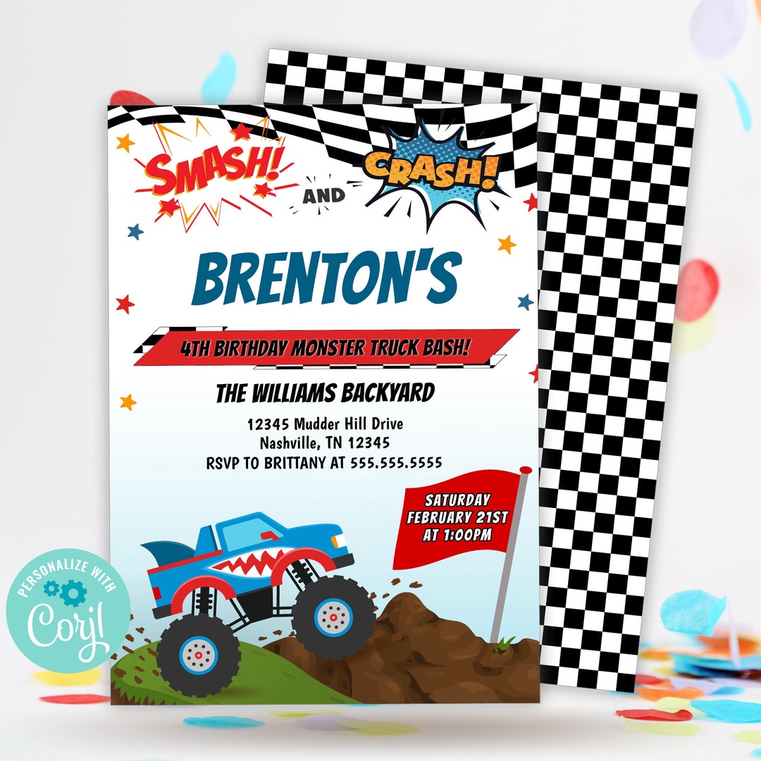 Monster Truck Birthday Invitation, Birthday Boy Truck Theme Party ...