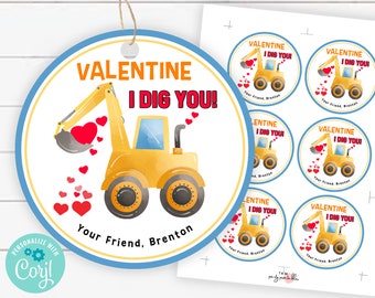 Kids Valentines Day Tags, "I Dig You" Construction Party Classroom Valentines Cards, DIY PRINTABLE Favor Tags Editable Template, TKM05