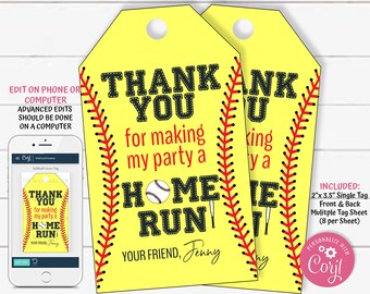 Treat Bag Tags, Softball Birthday Tags, Softball Party Tags, Softball Birthday Party Favors, Editable Favor Tags, Favor Tag Template, TKM02