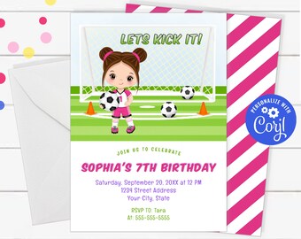 Girl Soccer Birthday Invitation Template, Girls Birthday Sports Invitation, Soccer Party PRINTABLE Birthday Invite, Editable Template, TKM02