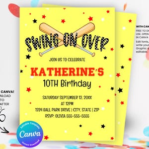 Softball Birthday Invitation Template, Swing On Over Girls Softball Invite, Sports Invitation Birthday Party EDITABLE Template, TKM02