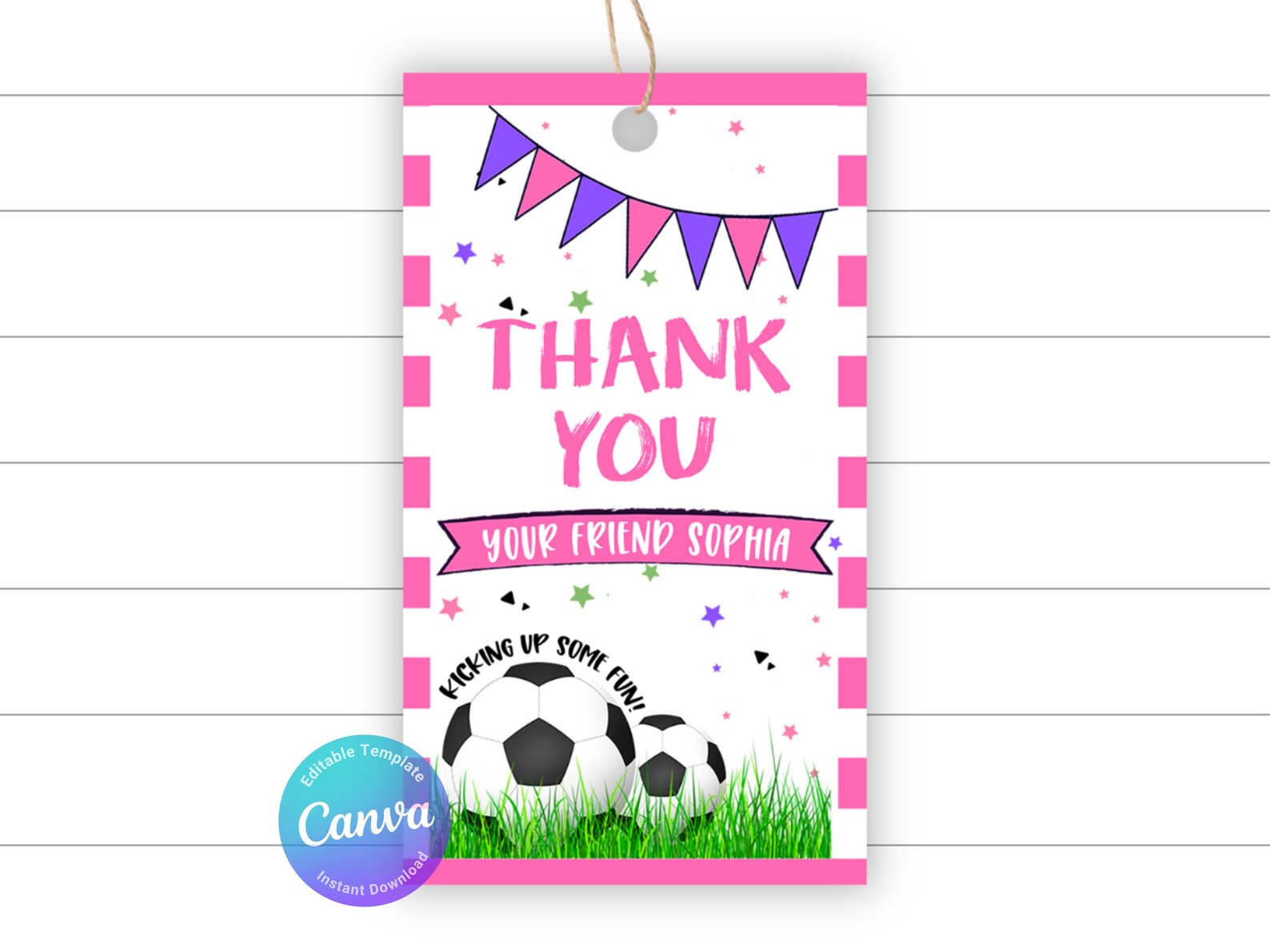 Girls Pink Soccer Birthday Thank You Tags Canva Editable Template ...