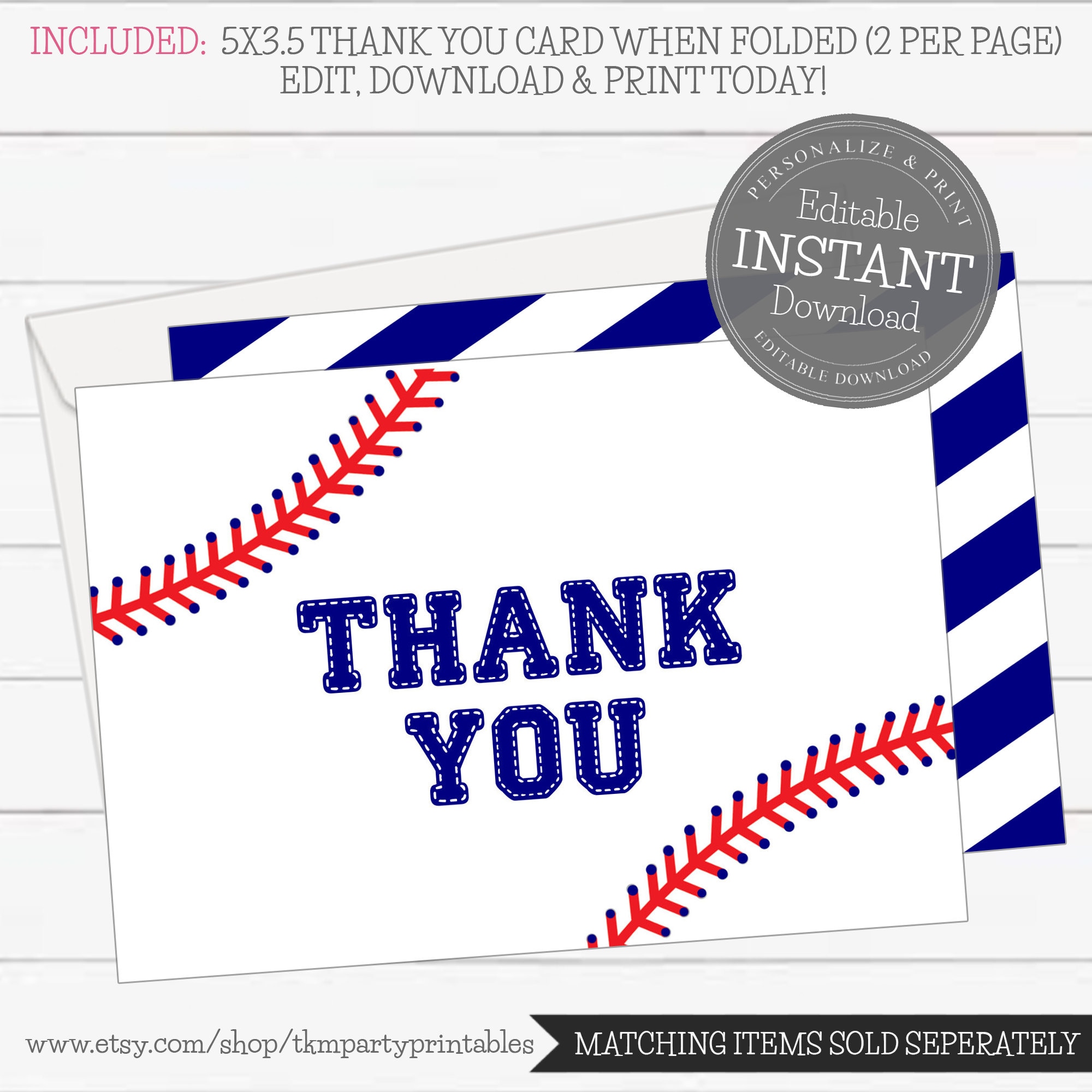 Baseball Thank You Cards Simple Thank You Printable Baseball Etsy