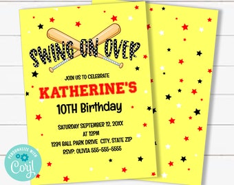 Softball Birthday Invitation Template, Swing On Over Girls Softball Invite, Sports Invitation Birthday Party EDITABLE Template, TKM02