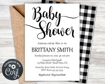 Mom To Be Baby Shower Invitation, Simple Baby Shower Invitation, Buffalo Plaid Baby Shower Invitation,  Cute Baby Shower Invite, TKM03