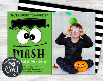 Frankenstein Monster Mash Halloween Birthday Invitation Template, Halloween Printable Birthday Party Photo Invite EDITABLE Template, TKM04