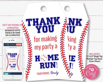 Baseball Party Tags, Baseball Birthday Tags, Baseball Birthday Party Favors, Editable Favor Tags, Treat Bag Tags, Favor Tag Template, TKM02