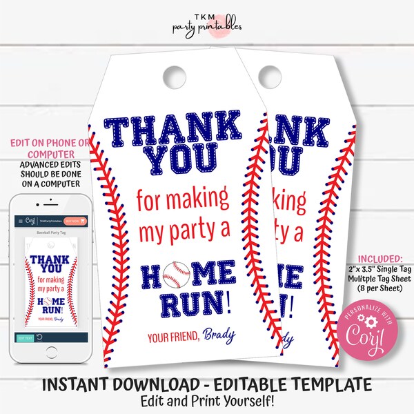 Baseball Party Tags, Baseball Birthday Tags, Baseball Birthday Party Favors, Editable Favor Tags, Treat Bag Tags, Favor Tag Template, TKM02