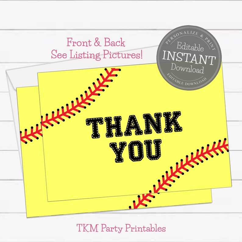 Softball Thank You Cards Simple Thank You Printable Softball Etsy