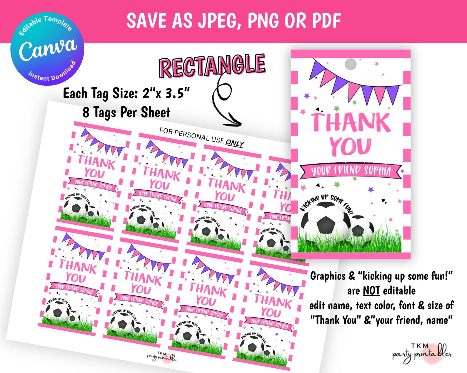 Girls Pink Soccer Birthday Thank You Tags Canva Editable Template ...