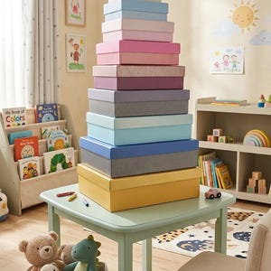 May include: A tall, vertical stack of ten rectangular storage boxes in varying sizes and colors, including yellow, blue, light blue, gray, purple, pink, and beige, resting on a light green table in a room filled with children's toys and books.