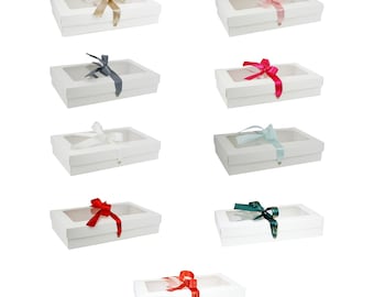 Pack of 12 White Rectangle Kraft Boxes with Clear Lid, Various Colored Satin Ribbon Gift Boxes for Birthday, Anniversary, Any Celebrations