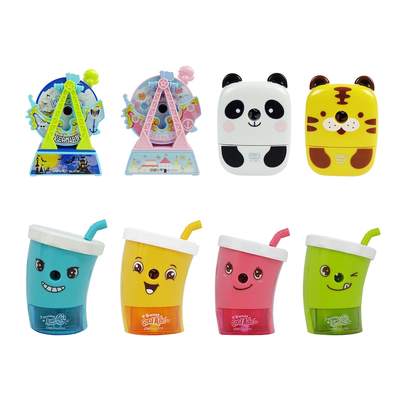 Pode incluir: Um conjunto de dez apontadores coloridos com v&aacute;rios desenhos, incluindo uma roda gigante, um panda, um tigre e um copo de suco. Os apontadores s&atilde;o todos de pl&aacute;stico e t&ecirc;m um estilo bonito e de desenho animado.