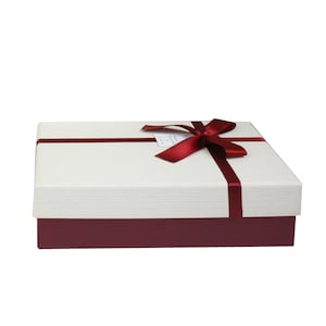 Burgundy Box with Cream Lid , Satin Ribbon with Shredded Paper