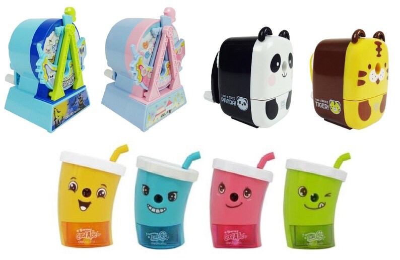 Pode incluir: Um conjunto de dez apontadores coloridos com v&aacute;rios desenhos de animais de desenho animado e caprichosos. Os apontadores incluem uma roda gigante azul e verde, um carrossel rosa e branco, um panda preto e branco, um tigre castanho e amarelo e quatro x&iacute;caras de desenhos animados coloridas com canudos.