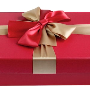 Red Box with Lid , Gold Red Satin Ribbon with Shredded Paper