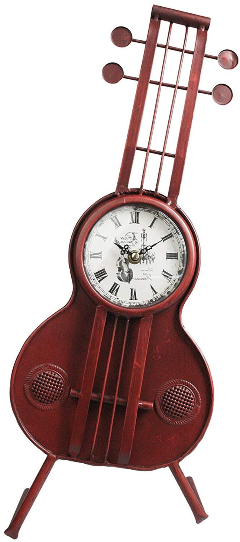 May include: Red metal clock shaped like a guitar with Roman numeral clock face and a small image of a guitar player on the face.