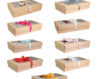 Pack of 12, 25 x 15 x 5 cm, Rectangle Shaped Presentation Gift Box, Easy Assembly, Brown Kraft Box with Satin Ribbon and Shredded Paper