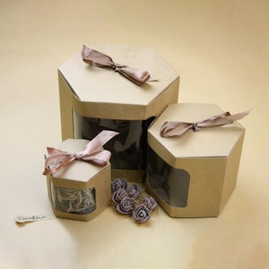 Borsa regalo esagonale in carta resistente, borsa Kraft marrone per cupcake, biscotti, muffin, scatola per torta con finestra trasparente e nastro di raso
