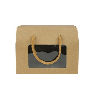 May include: A brown cardboard gift box with a clear window and a rope handle. The box is perfect for packaging small gifts or favors.