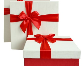 Set of 3 Rigid Gift Boxes, Textured Red Box with White Lid, Red Satin Decorative Ribbon and 200g Shredded Paper