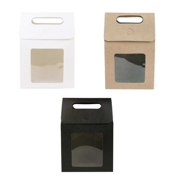 Strong Paper Stand Up Gift Bag, Brown, White and Black Kraft Bag Candy Cookies Box with Clear Window Pack of 12, 24 and 96