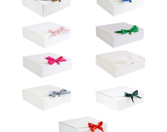 Pack of 12 Square & Rectangle White Top Flap Kraft with Various Colored Satin Ribbon Gift Boxes for Birthday, Anniversary, Any Celebrations