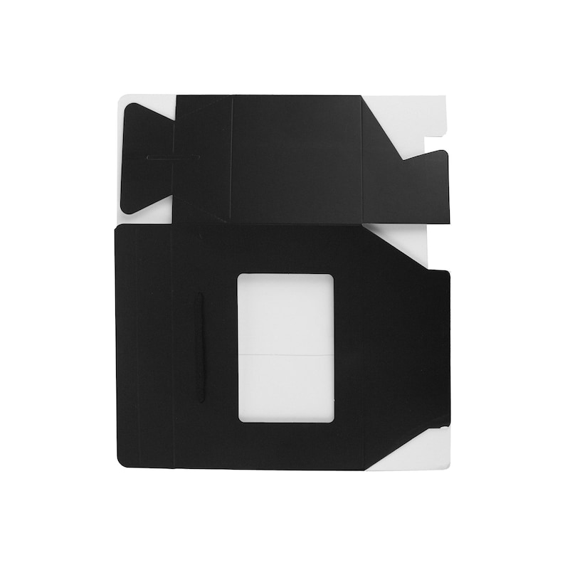 May include: Black cardboard box with a window cut out. The box is folded flat and ready to be assembled.