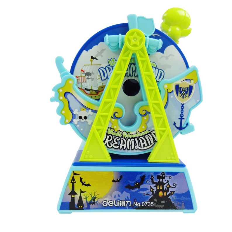 Pode incluir: Uma roda gigante de brinquedo de pl&aacute;stico azul e verde com um design de caveira e ossos cruzados. A roda tem uma moldura amarela e uma base azul com tema de Halloween. O texto "World Adventure DREAMLAND" est&aacute; impresso na roda. O texto "deli有刀 No.0735" est&aacute; impresso na base.
