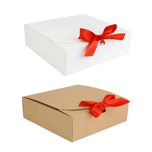 Pack of 12 Square Shaped Presentation Gift Box, Easy Assembly, White and Brown Kraft Box with Bow Ribbon