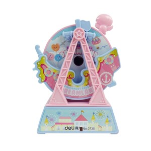 Pode incluir: Uma roda gigante de brinquedo de pl&aacute;stico rosa e azul com uma estrela no topo e um pequeno p&aacute;ssaro rosa no lado. A roda gigante tem uma base azul e branca com um castelo e um design de fogos de artif&iacute;cio. O texto "AMUSEMENT PARK DREAMLAND" est&aacute; impresso na roda gigante.