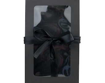 Pack of 12 Rectangle Shaped Presentation Gift Box, 21.5 x 13.5 x 4.5 cm, Black Kraft Box with Clear Lid and Satin Ribbon