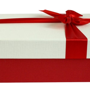 Textured Red Box with White Lid, Red Satin Decorative Ribbon with Shredded Paper