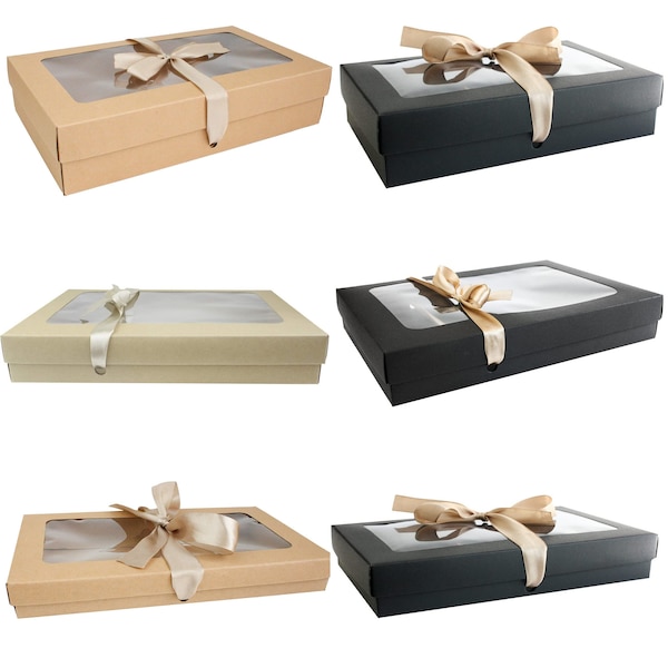 Pack of 12 Rectangle Shaped Presentation Gift Box, Brown Kraft Box with Clear Lid and Satin Ribbon